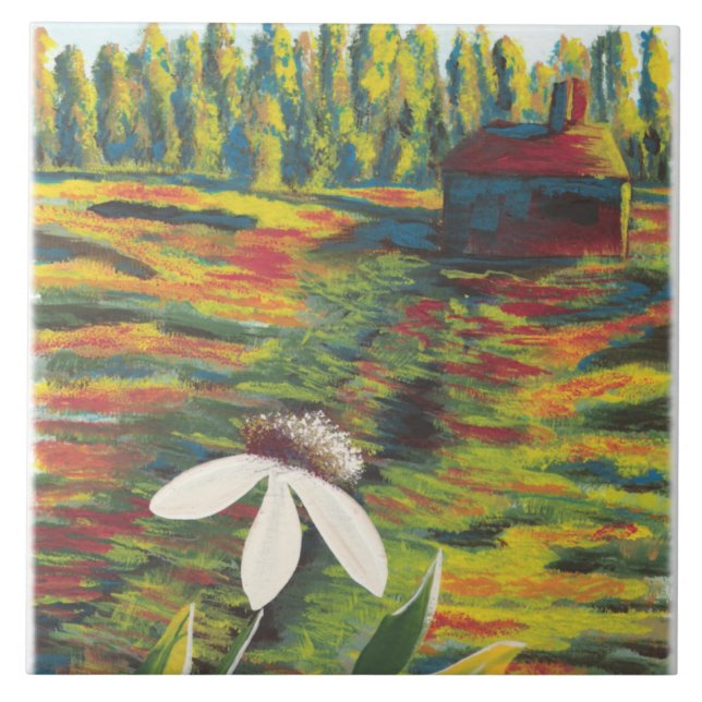 Bright Colourful Painting of Flower in Meadow Tile (Front)
