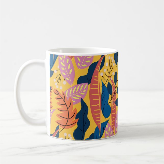 Bright colourful pattern with tropical leaves,  be coffee mug (Left)