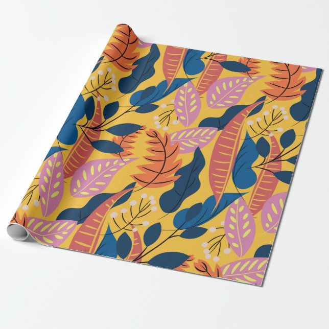 Bright colourful pattern with tropical leaves,berr wrapping paper (Unrolled)