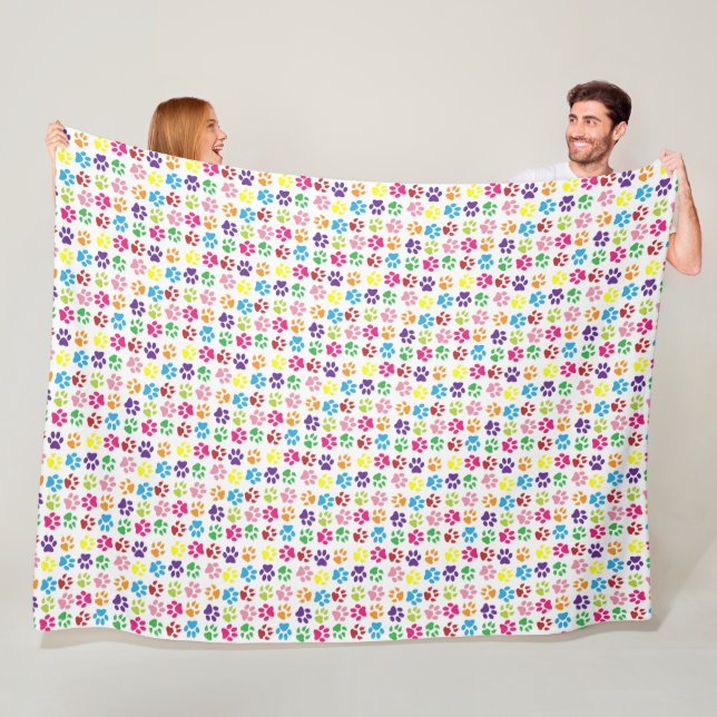Bright Colourful Paw Prints Pattern Fleece Blanket (In Situ)