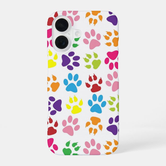 Bright Colourful Paw Prints Pattern iPhone 16 Case (Back)