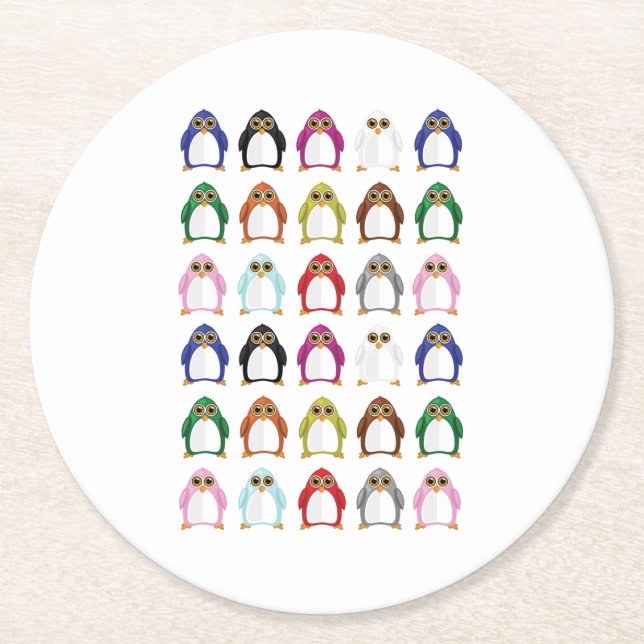 Bright Colourful Penguins Round Paper Coaster (Front)