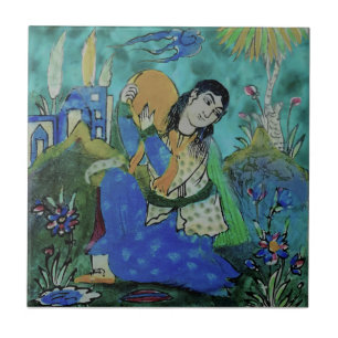 Bright Colourful Persian Qajar Percussionist Repro Ceramic Tile