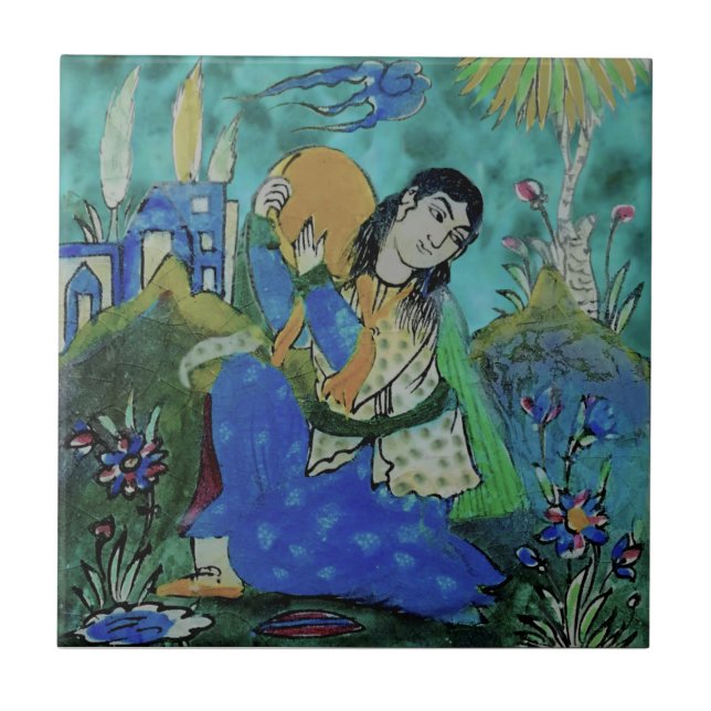 Bright Colourful Persian Qajar Percussionist Repro Ceramic Tile (Front)