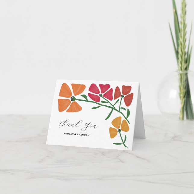 Bright & Colourful Pink and Orange Floral Wedding Thank You Card (Front)