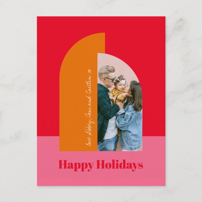Bright Colourful Pink Christmas Family Photo Happy Holiday Postcard (Front)