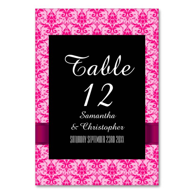 Bright colourful Pink damask Table Number (Front)