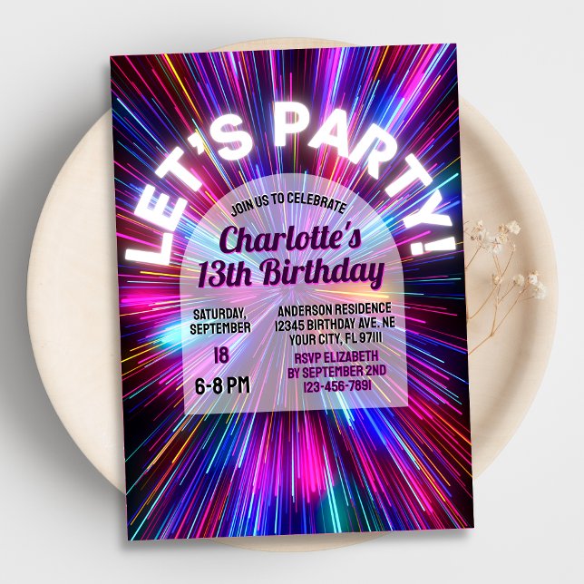 Bright Colourful Pink Neon Glow Teen Girl Birthday Invitation (Creator Uploaded)