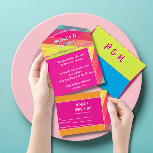 Bright & Colourful Pink Orange Wedding All In One Invitation