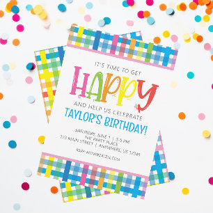 Bright Colourful Plaid Happy Birthday Party Invitation