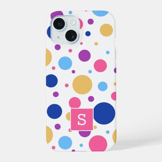 Bright Colourful Polka Dots Pattern Monogram iPhone 15 Case (Back)