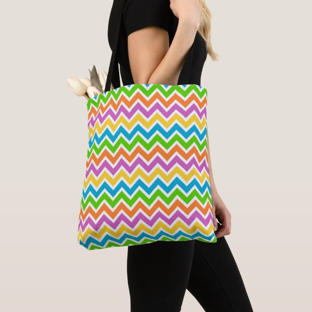 Bright Colourful Rainbow Chevron Pattern Tote Bag (Close Up)