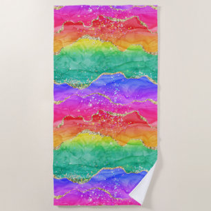 Bright Colourful Rainbow Glitter Gold Agate Beach Towel