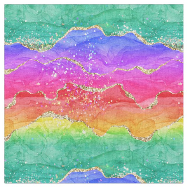 Bright Colourful Rainbow Glitter Gold Agate Fabric (Close Up)