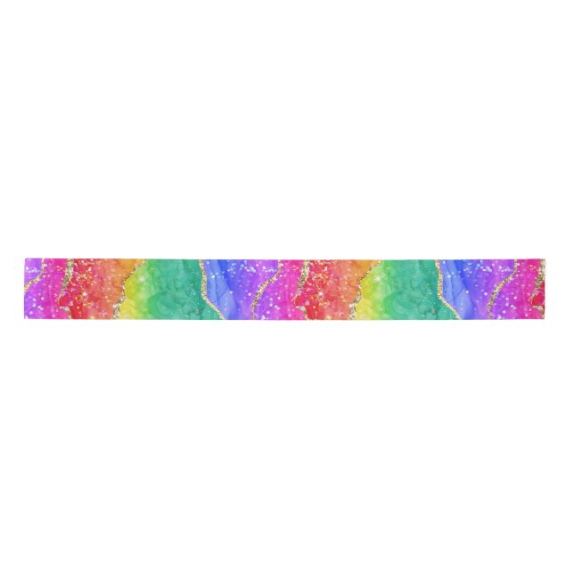 Bright Colourful Rainbow Glitter Gold Agate Satin Ribbon (Front)