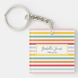 bright colourful rainbow stripe personalised schoo key ring