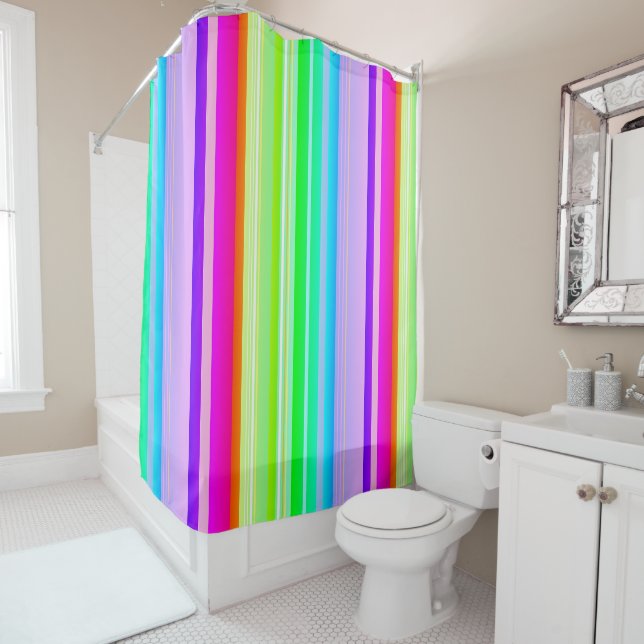 Bright colourful rainbow vertical striped shower curtain (In Situ)