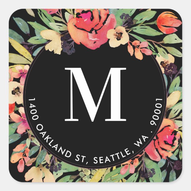 Bright Colourful Red Floral Circular Return Addres Square Sticker (Front)