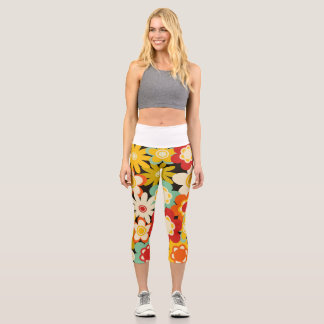 Bright Colourful Retro Cute Floral Pattern Capri Leggings