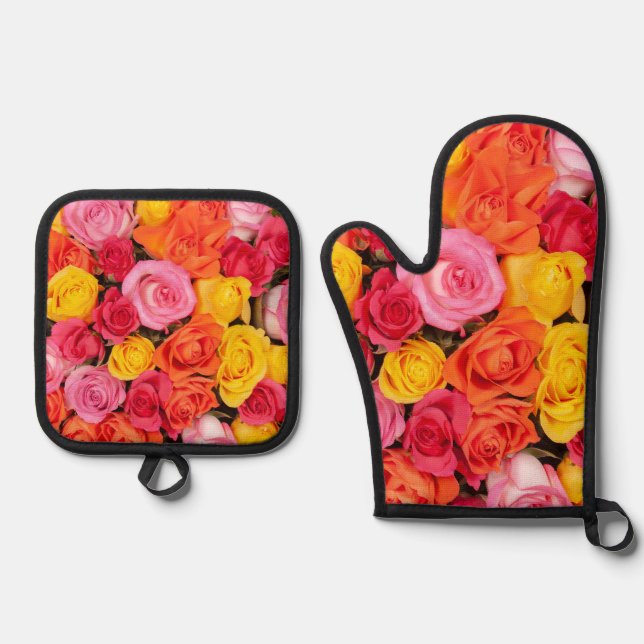 Bright Colourful Roses Pattern Floral Background Oven Mitt & Pot Holder Set (Front)