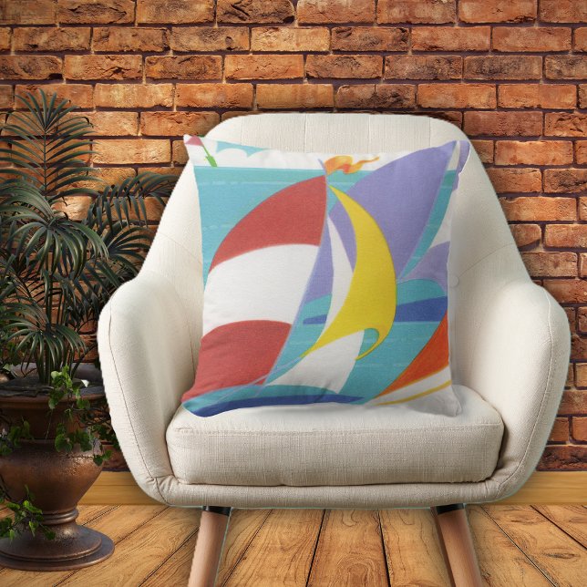 Bright Colourful Sailboats Flags Blue Water Cushion (Bright colourful abstract sailboats in lake on home decor pillow.)
