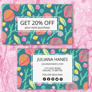Bright Colourful Seashells and Seaweed Pattern Dis Discount Card