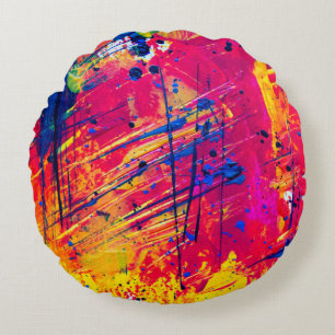 Bright Colourful Splatter Paint Abstract Round Cushion