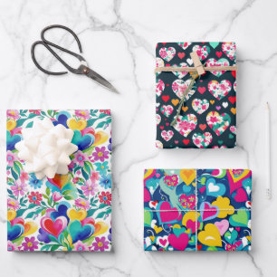 Bright Colourful Spring Hearts and Florals Wrapping Paper Sheet