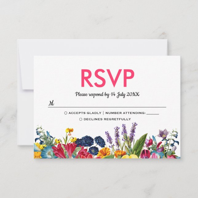 Bright Colourful Summer Flowers Wedding RSVP Card (Front)