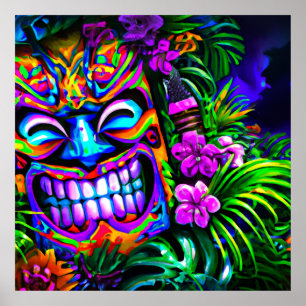 Bright Colourful Tiki Totem Wall Poster Print