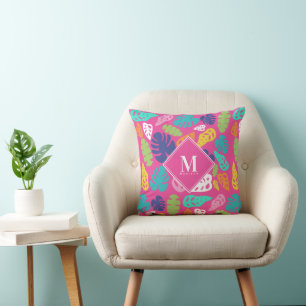 Bright Colourful Tropical Summer Leaves Monogram Cushion