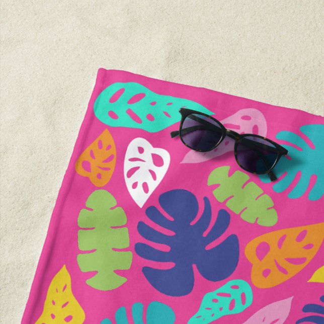 Bright Colourful Tropical Summer Leaves Pattern Beach Towel (In Situ)