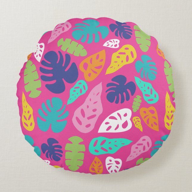 Bright Colourful Tropical Summer Leaves Pattern Round Cushion (Front)