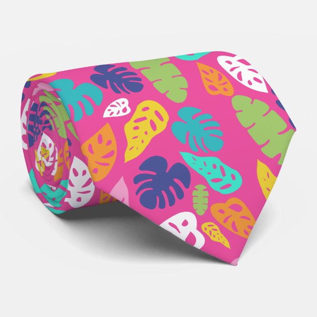 Bright Colourful Tropical Summer Leaves Pattern Tie (Rolled)