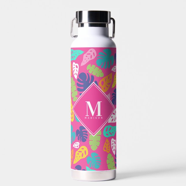 Bright Colourful Tropical Summer Leaves Pattern Water Bottle (Front)