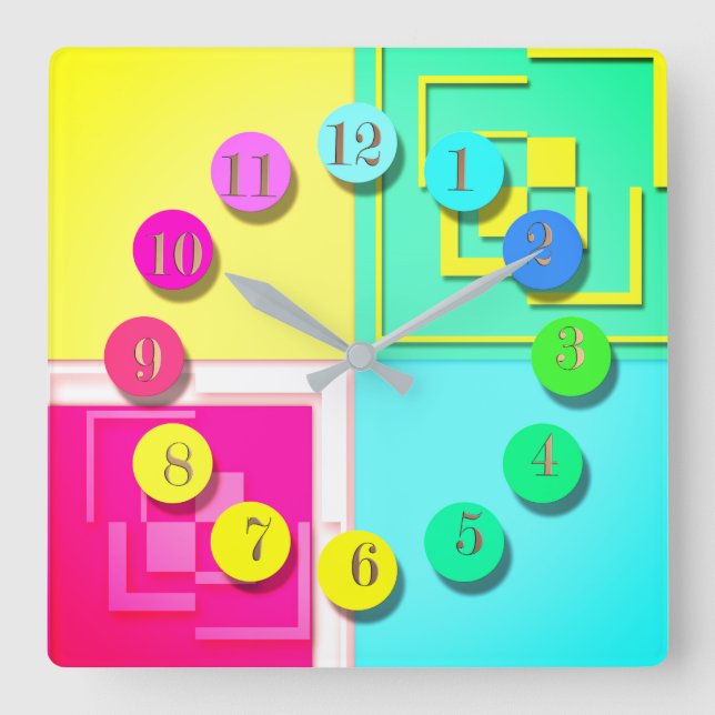 Bright colourful watch square wall clock (Front)
