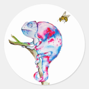 Bright colourful watercolor chameleon and bee classic round sticker