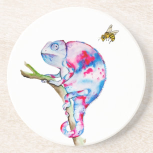 Bright colourful watercolor chameleon and bee. coaster