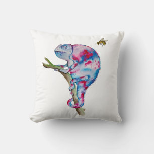Bright colourful watercolor chameleon and bee cushion