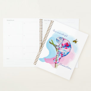 Bright colourful watercolor chameleon and bee. planner