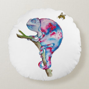 Bright colourful watercolor chameleon and bee round cushion