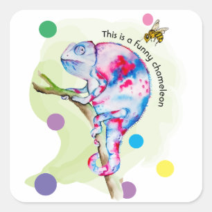 Bright colourful watercolor chameleon and bee. square sticker