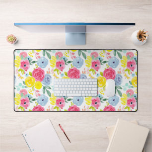 Bright Colourful Watercolor Floral Pattern Desk Mat