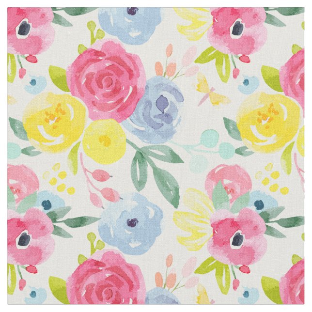 Bright Colourful Watercolor Floral Pattern Fabric (Close Up)