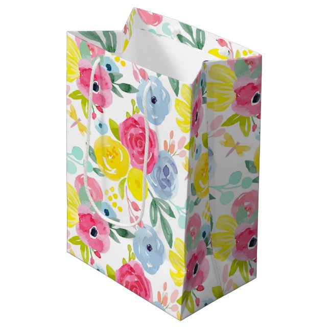 Bright Colourful Watercolor Floral Pattern Medium Gift Bag (Front Angled)