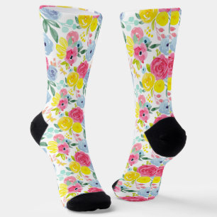 Bright Colourful Watercolor Floral Pattern Socks