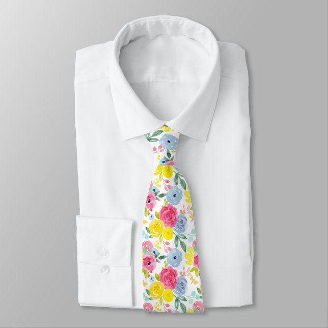 Bright Colourful Watercolor Floral Pattern Tie (Tied)