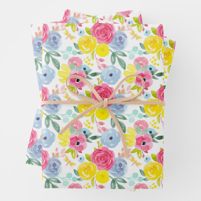 Bright Colourful Watercolor Floral Pattern Wrapping Paper Sheet (In situ)