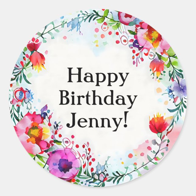 Bright Colourful Watercolor Flower Birthday Classic Round Sticker (Front)