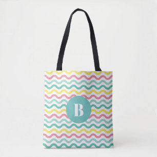 Bright Colourful Wavy Pattern Monogrammed Tote Bag